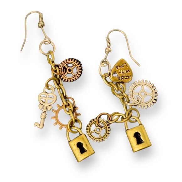 NEW Lockets Hearts Skeleton Keys Punk Gears Charming Minimalist Hanging Earrings - Picture 1 of 3